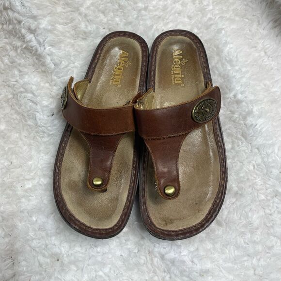 Alegria Carina Brown Leather hook and loop Velcro strap thong sandals EUR SZ38 - Picture 1 of 10